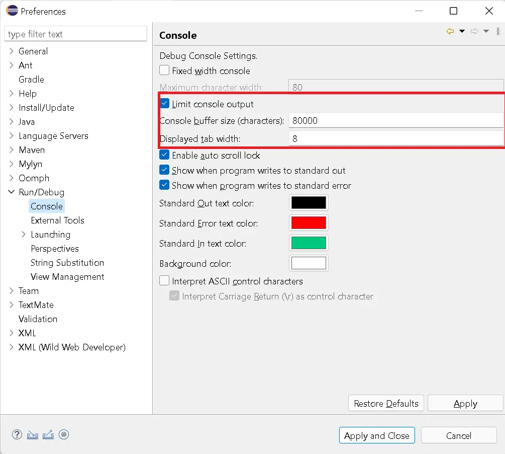 Eclipse increase console output characters