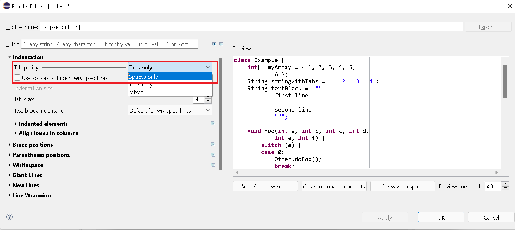 Eclipse java editor convert tabs to spaces