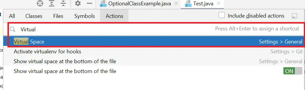 Intellij Idea Find Action virtual space options 