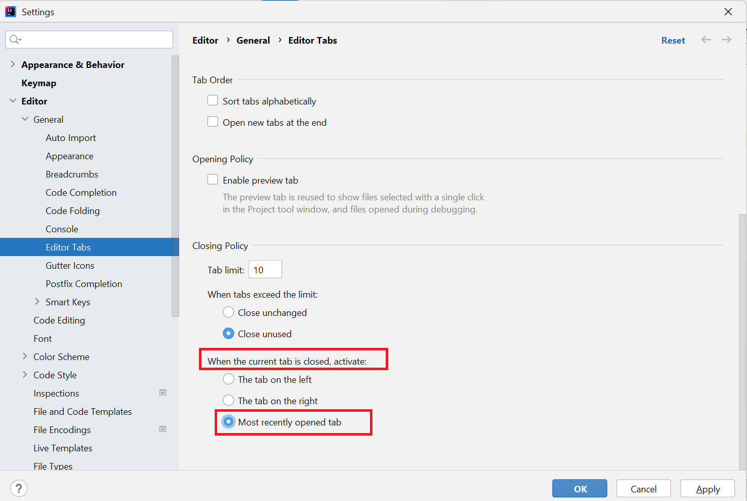 Intellij Idea Open last active return to tab 