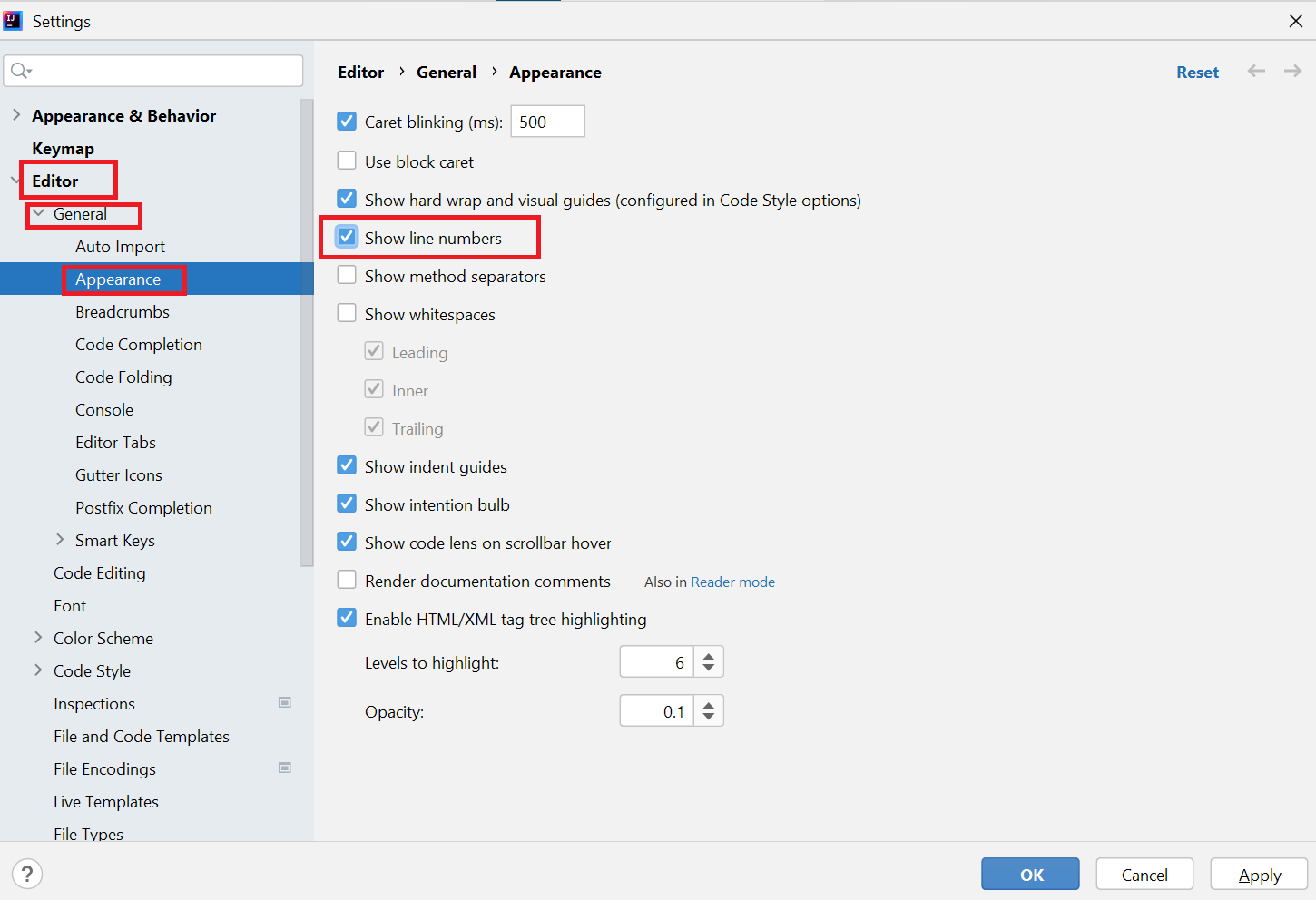 Intellij permanently Enable or disable showing line numbers in current code editor 