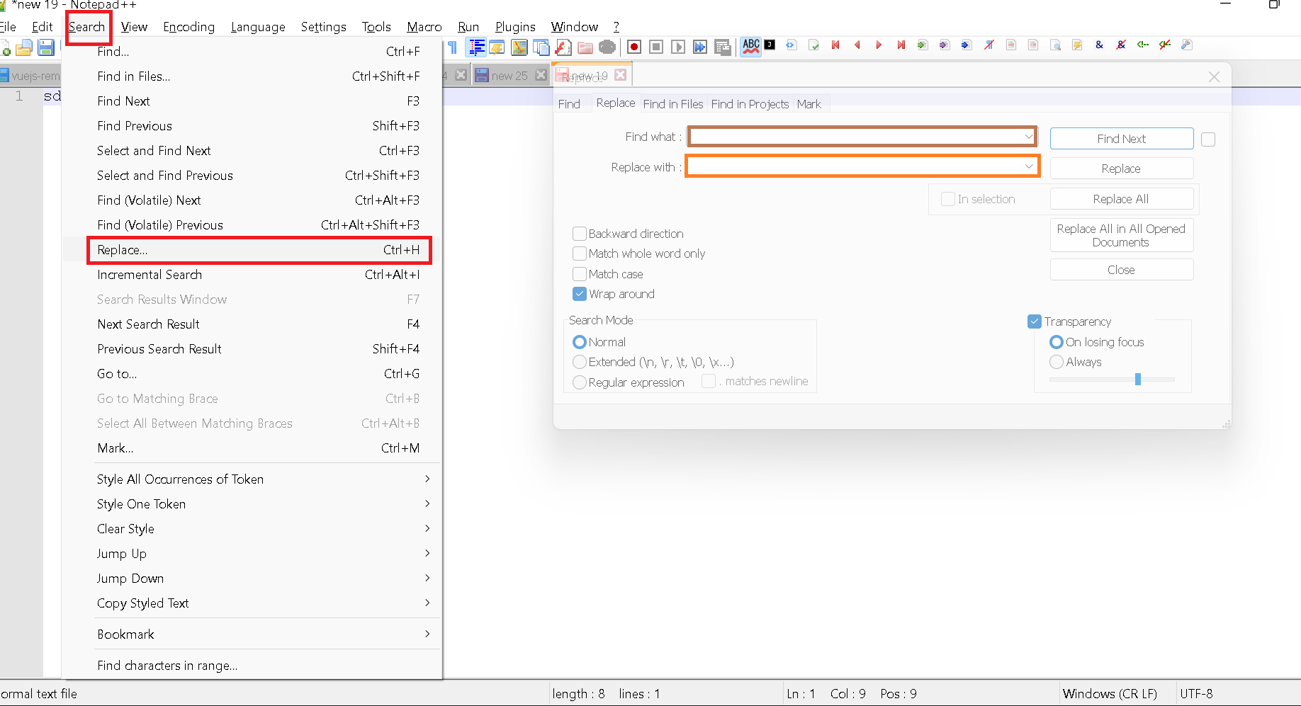 Notepad++ Find and replace tabs spaces