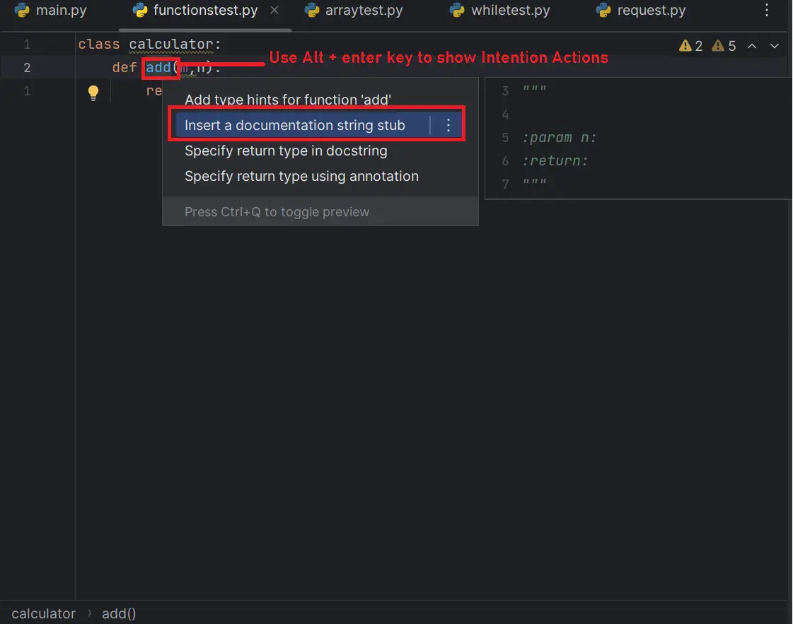 pycharm Intention Actions docstring