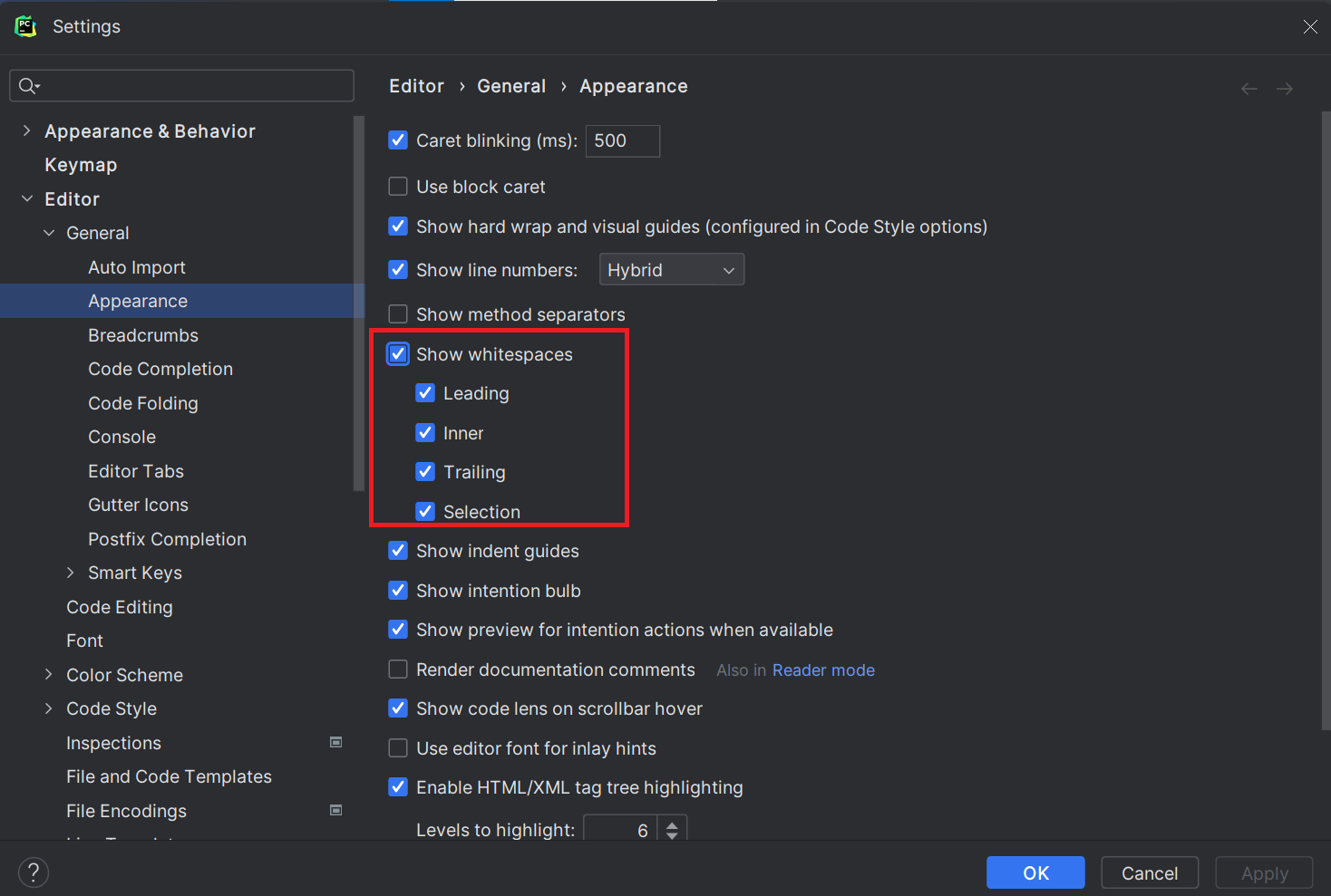 pycharm Settings Show whitespaces