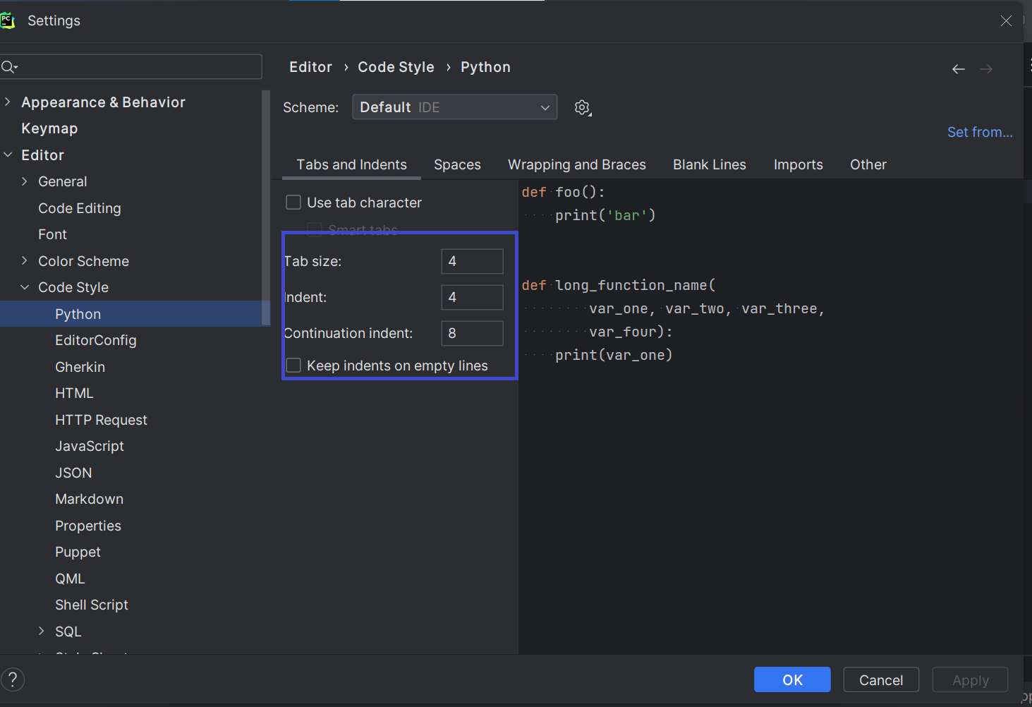 pycharm Code Styles Editor