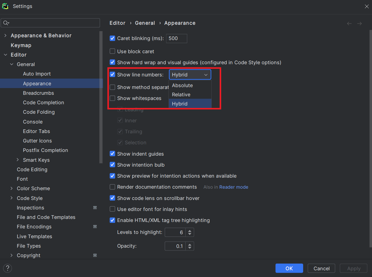 pycharm line numbers display