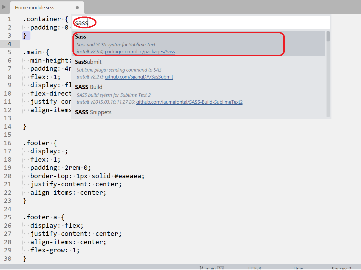 Sublime text select sass scss package