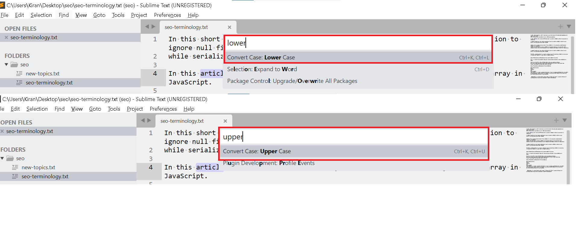 Sublime text Convert selected text to the upper or lower case 