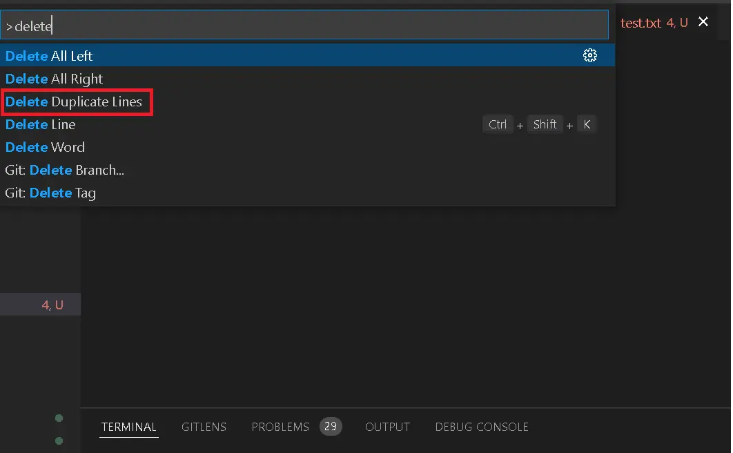 Vscode delete duplicate lines or rows