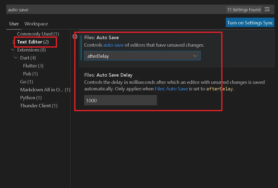 VSCode settings auto save