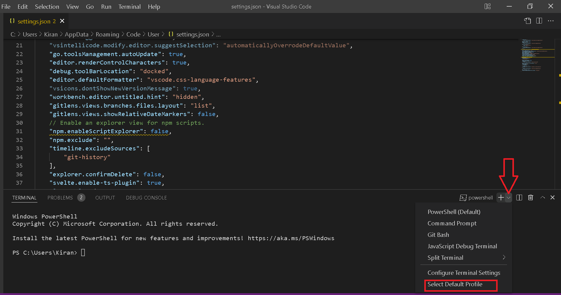 Visual Studio Code change default terminal